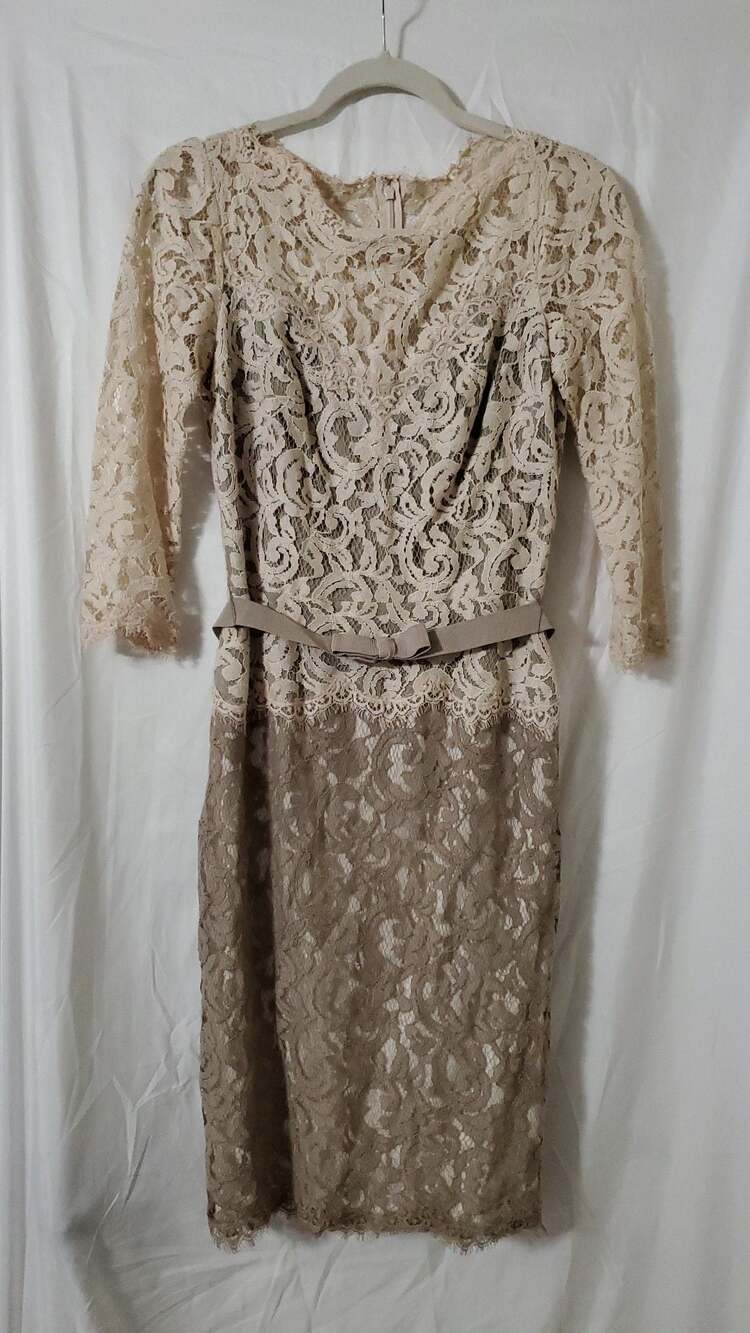 Tadashi Shoji Two-Tone Corded Lace Sheath Dress with Ribbon Belt, Size 4